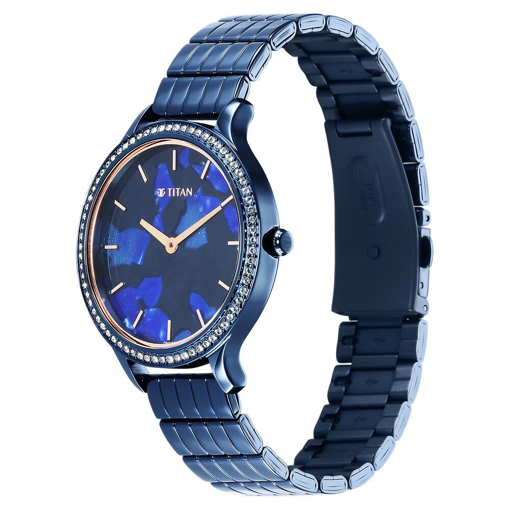 Titan Secluded Quartz Analog Blue Acetate Dial Stainless Steel Strap Watch For Women 2711QM01