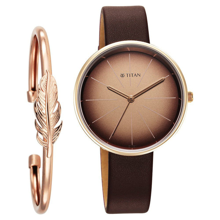 Titan Stackables Quartz Analog Brown Dial Leather Strap Watch For Women 2718WL01F