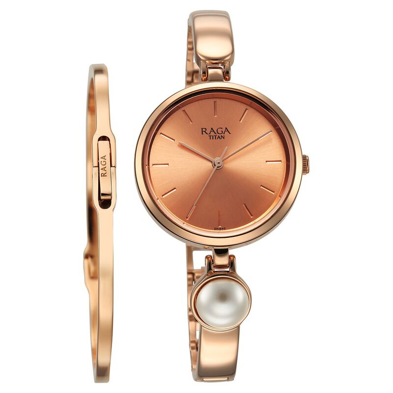 Titan Raga Power Pearls Quartz Analog Rose Gold Dial Metal Strap With Pearl Watch For Women