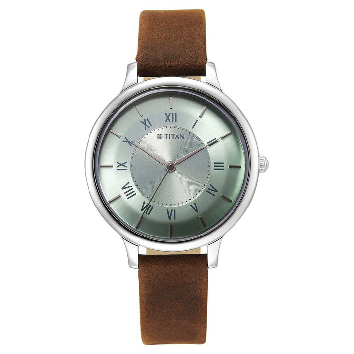 Titan Workwear Quartz Analog Silver Dial Brown Leather Strap Watch For Women 2732SL02