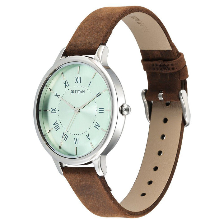 Titan Workwear Quartz Analog Silver Dial Brown Leather Strap Watch For Women 2732SL02