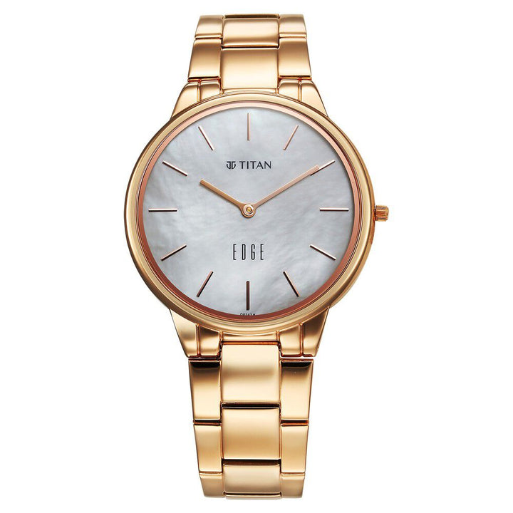 Titan Edge Metal Ladies Allure Quartz Analog Mother Of Pearl Round Shaped Dial Rose Gold Stainless Steel Strap Watch For Women - The Watch Factory ®