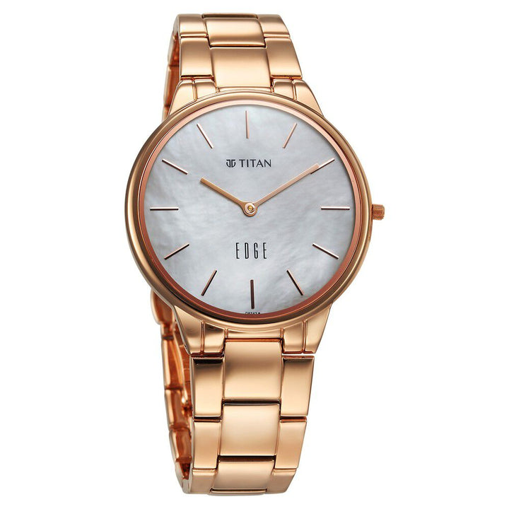 Titan Edge Metal Ladies Allure Quartz Analog Mother Of Pearl Round Shaped Dial Rose Gold Stainless Steel Strap Watch For Women - The Watch Factory ®