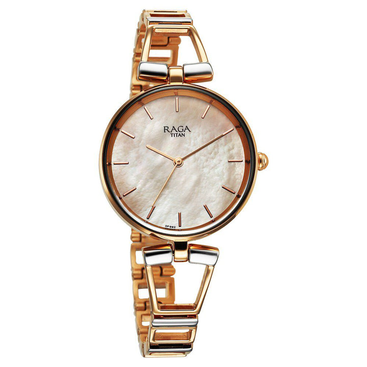 Titan Raga Ascend Quartz Analog Mother Of Pearl Dial With Two Toned Color Metal Strap Watch For Women 2747KM01