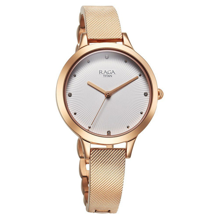 Titan Raga Memoirs Quartz Analog White Dial With Rose Gold Color Metal Strap Watch For Women 2754WM01