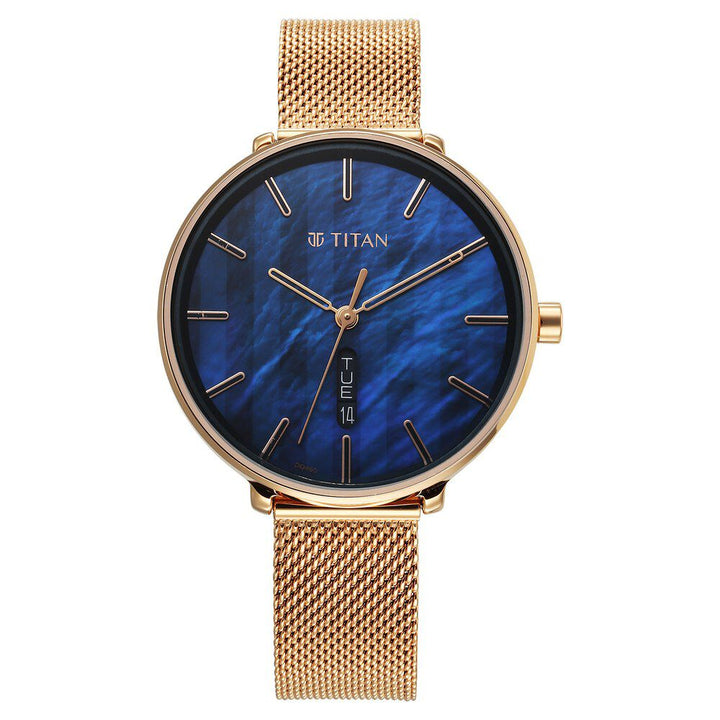 Titan Neo Analog with Day and Date Mother Of Pearl Dial Rose Gold Color Stainless Steel Strap Watch For Women