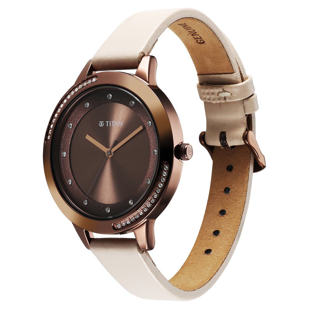 Titan Razzle Dazzle Quartz Analog Brown Dial Leather Strap Watch For Women 2764QL01