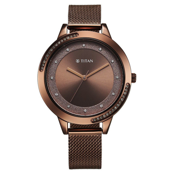Titan Razzle Dazzle Quartz Analog Brown Dial Stainless Steel Mesh Strap Watch For Women 2764QM01