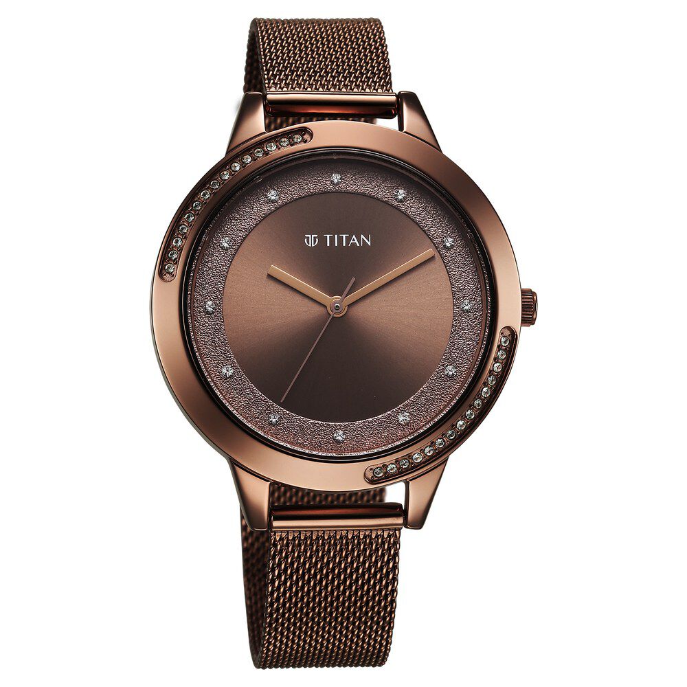 Titan Razzle Dazzle Quartz Analog Brown Dial Stainless Steel Mesh Strap Watch For Women 2764QM01