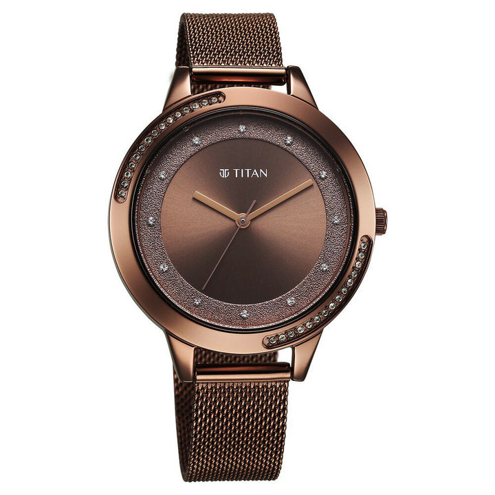 Titan Razzle Dazzle Quartz Analog Brown Dial Stainless Steel Mesh Strap Watch For Women 2764QM01
