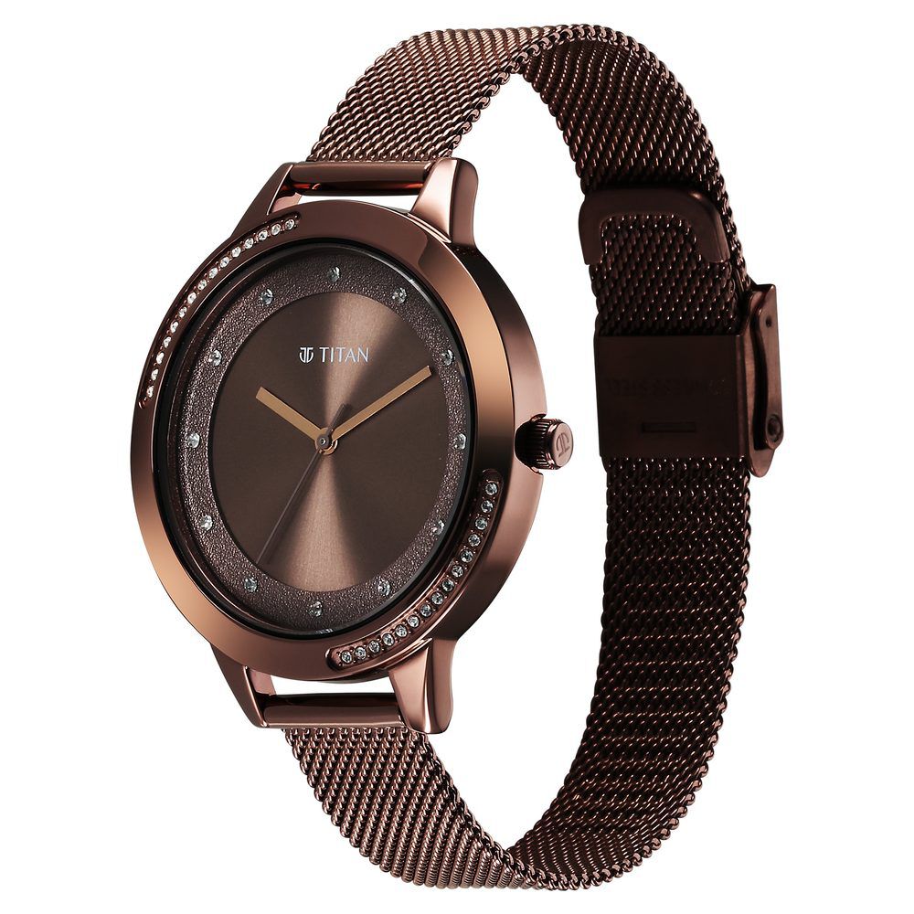 Titan Razzle Dazzle Quartz Analog Brown Dial Stainless Steel Mesh Strap Watch For Women 2764QM01