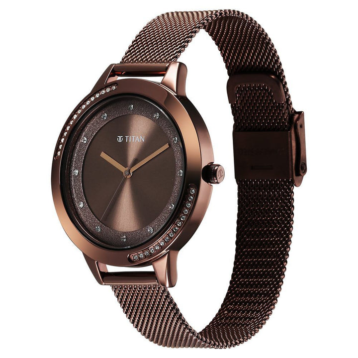 Titan Razzle Dazzle Quartz Analog Brown Dial Stainless Steel Mesh Strap Watch For Women 2764QM01