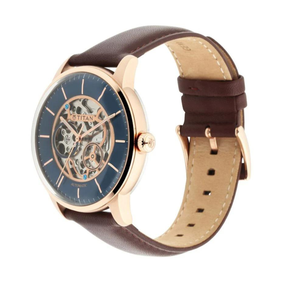 Titan Automatic Watch with Blue Dial & Brown Strap NS90110WL02
