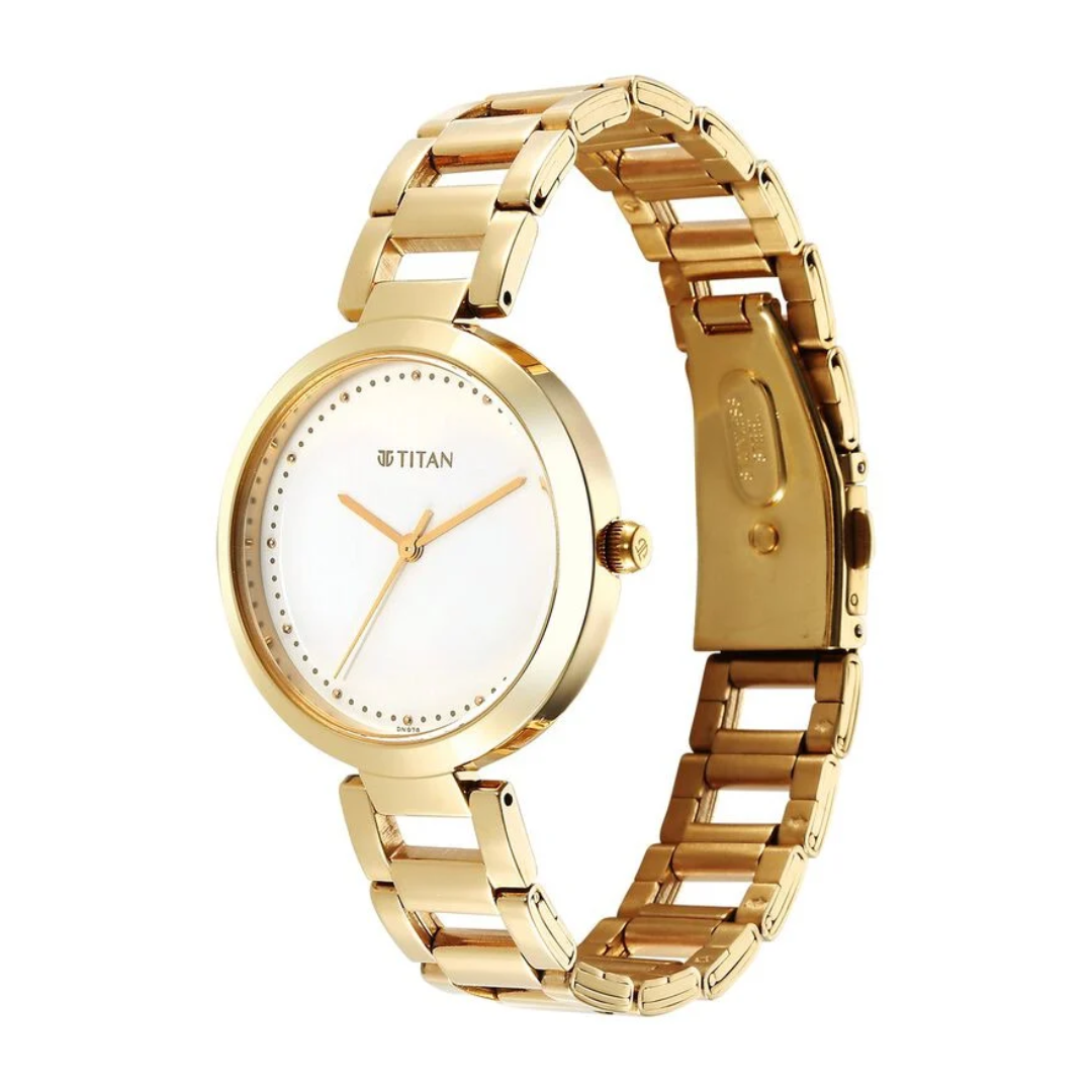 Titan Workwear Quartz Analog White Dial Golden Stainless Steel Strap Watch for Women 2480YM03 / NS2480YM03