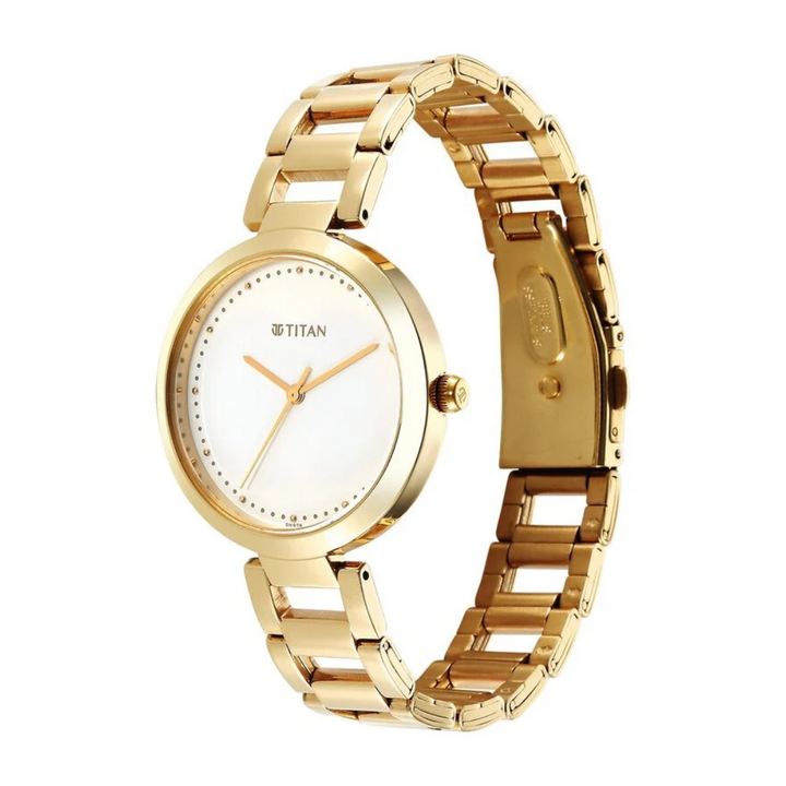Titan Workwear Quartz Analog White Dial Golden Stainless Steel Strap Watch for Women 2480YM03 / NS2480YM03