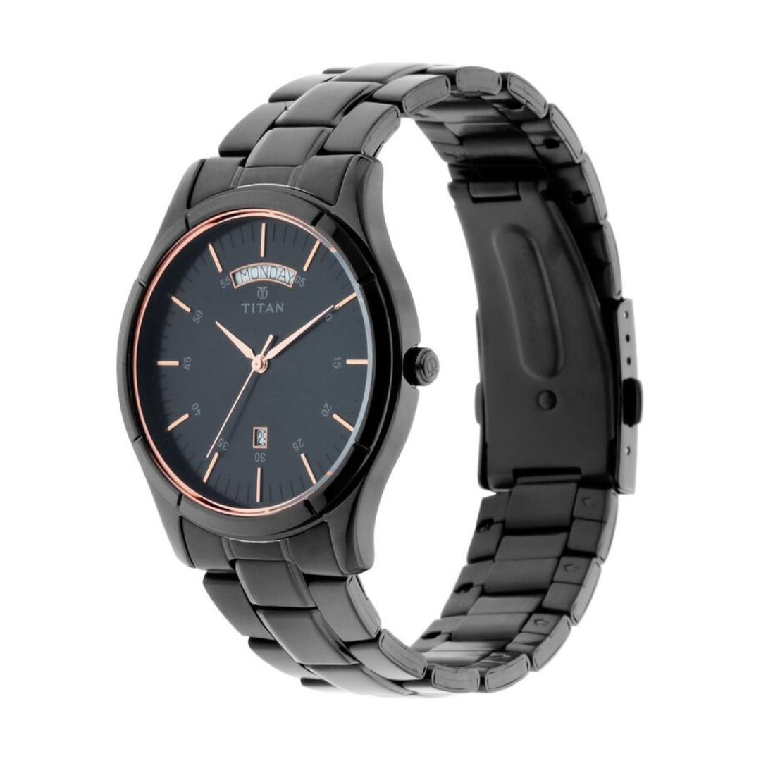 Titan Quartz Analog with Day and Date Black Dial Stainless Steel Strap Watch for Men NS1767NM01