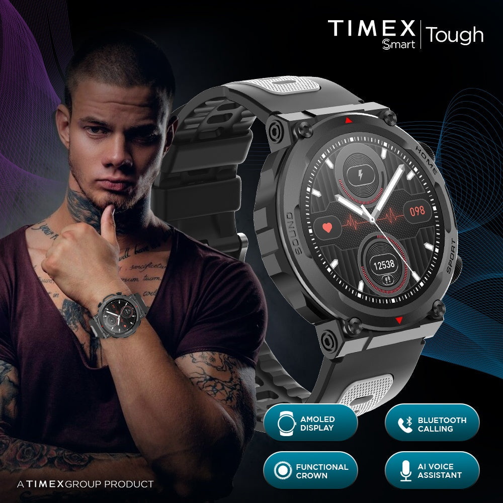 Timex Tough 1.43” Round AMOLED Rugged Smartwatch With 466x466 Pixel Resolution| Functional Crown|Bluetooth Calling| Metallic Body|Always On Display|AI Voice Assist|100+ Sports Modes|100+ Watchfaces|Upto 7 Days Battery(Normal Usage) - TWTXW603T