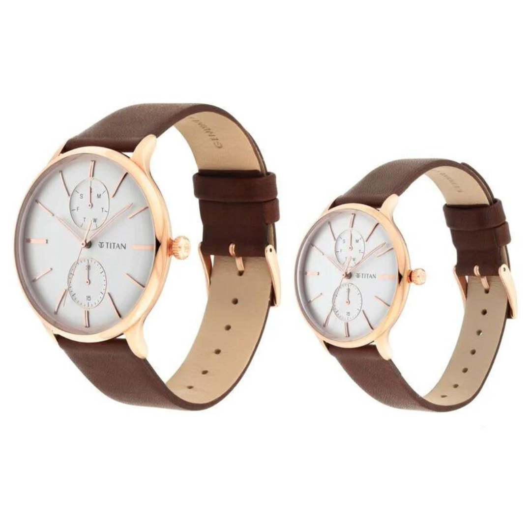 Titan Bandhan White Dial Quartz Multifunction Leather Strap watch for Couple 9400394203WL01 / NS9400394203WL01P