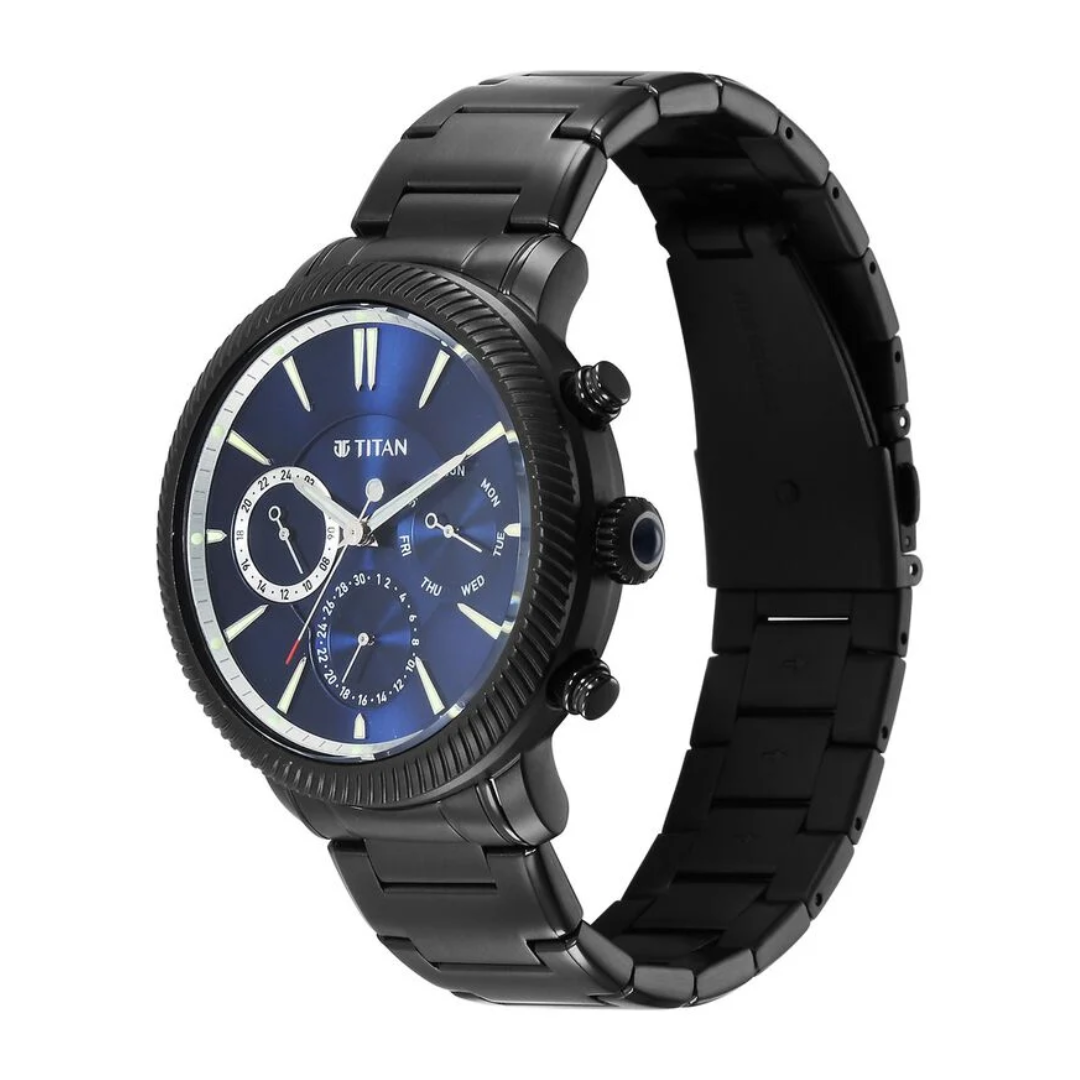 Titan Stellar Quartz Multifunction Blue Dial Stainless Steel Strap Watch for Men 10012NM01 (DN841) / NS10012NM01