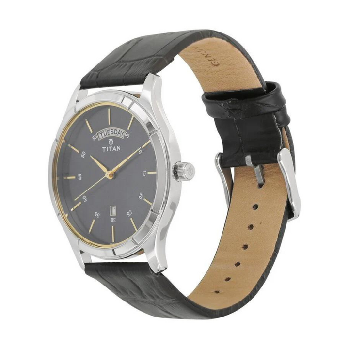 Titan Workwear Blue Dial Analog with Day and Date Leather Strap watch for Men 1768SL03 / NQ1768SL03