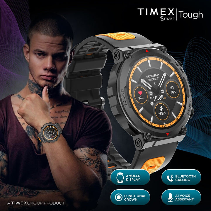Timex Tough 1.43” Round AMOLED Rugged Smartwatch With 466x466 Pixel Resolution| Functional Crown|Bluetooth Calling| Metallic Body|Always On Display|AI Voice Assist|100+ Sports Modes|100+ Watchfaces|Upto 7 Days Battery(Normal Usage) - TWTXW601T