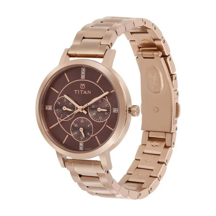 Titan Quartz Multifunction Rose Gold Dial Stainless Steel Strap Watch for Women 95087WM02