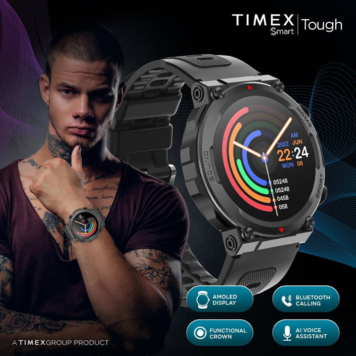 Timex Tough 1.43” Round AMOLED Rugged Smartwatch With 466x466 Pixel Resolution| Functional Crown|Bluetooth Calling| Metallic Body|Always On Display|AI Voice Assist|100+ Sports Modes|100+ Watchfaces|Upto 7 Days Battery(Normal Usage) - TWTXW602T