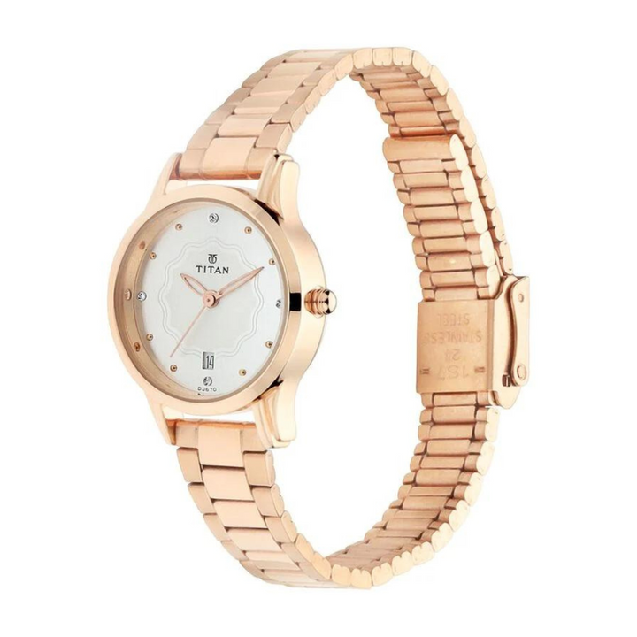 Titan Quartz Analog with Date Silver Dial Metal Strap Watch for Women 2628WM01