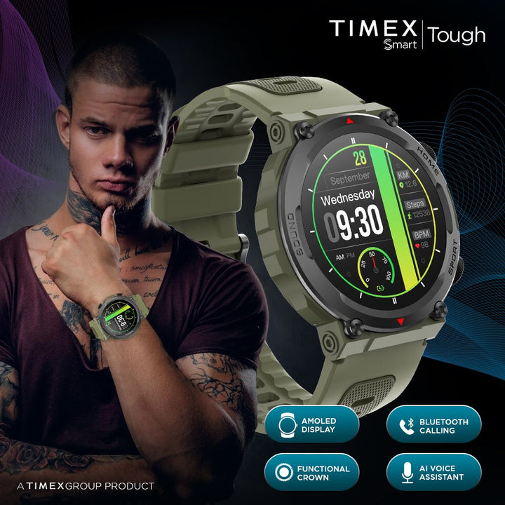 Timex Tough 1.43” Round AMOLED Rugged Smartwatch With 466x466 Pixel Resolution| Functional Crown|Bluetooth Calling| Metallic Body|Always On Display|AI Voice Assist|100+ Sports Modes|100+ Watchfaces|Upto 7 Days Battery(Normal Usage) - TWTXW600T