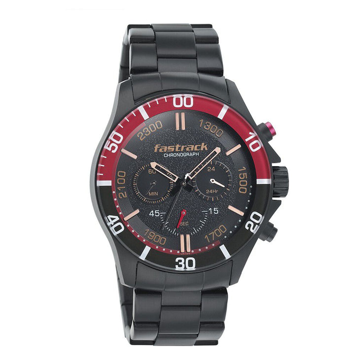 Fastrack Hitlist Quartz Chronograph Black Dial Stainless Steel Strap Watch for Guys NS3072NM01