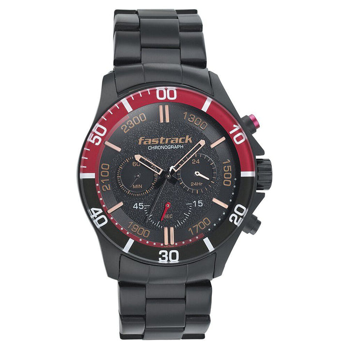 Fastrack Hitlist Quartz Chronograph Black Dial Stainless Steel Strap Watch for Guys NS3072NM01
