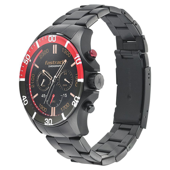Fastrack Hitlist Quartz Chronograph Black Dial Stainless Steel Strap Watch for Guys NS3072NM01