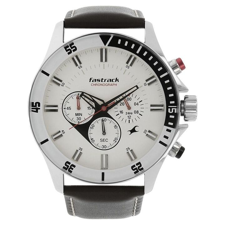 Fastrack Big Time Quartz Chronograph White Dial Leather Strap Watch for Guys NS3072SL01