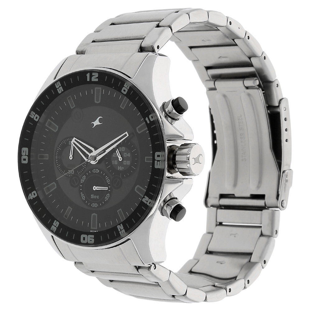 Fastrack Big Time Quartz Chronograph Black Dial Stainless Steel Strap Watch for Guys NS3072SM01