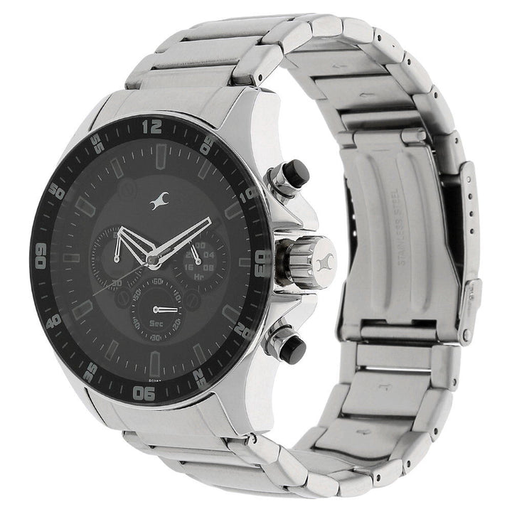 Fastrack Big Time Quartz Chronograph Black Dial Stainless Steel Strap Watch for Guys NS3072SM01