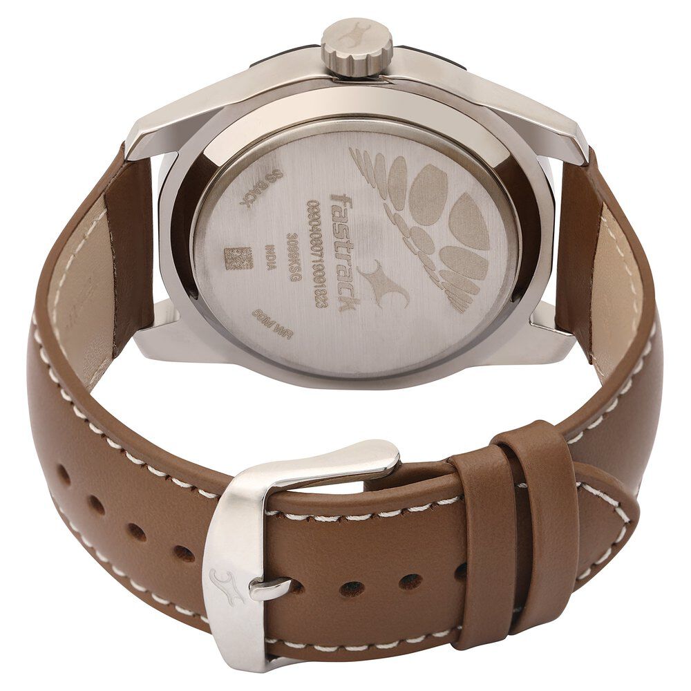 Fastrack Quartz Analog Silver Dial Leather Strap Watch for Guys NS3099SL01