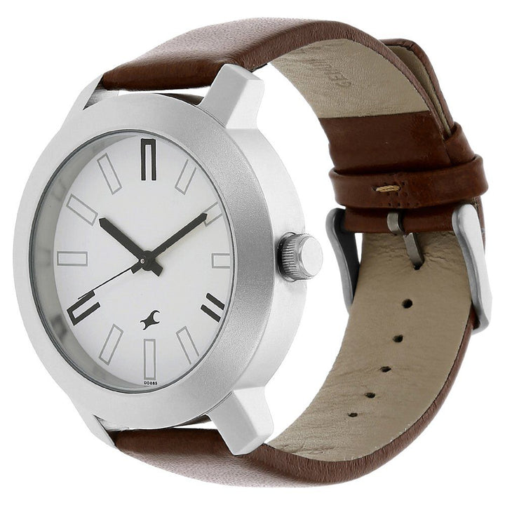 Fastrack Quartz Analog White Dial Leather Strap Watch for Guys NS3120SL01