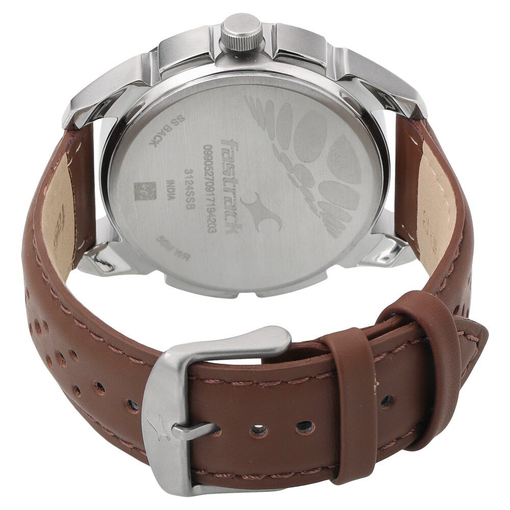 Fastrack Loopholes Quartz Analog Grey Dial Leather Strap Watch for Guys NS3124SL06