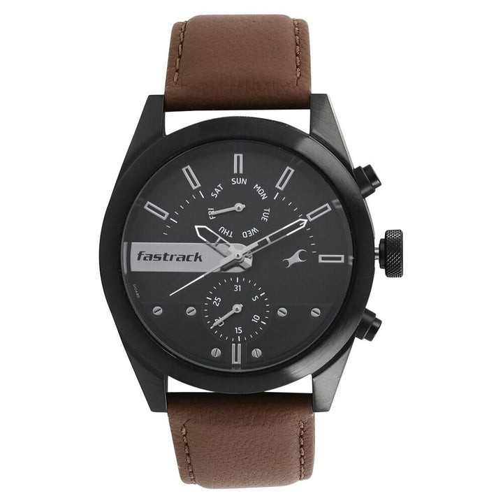 Fastrack All Nighters Quartz Multifunction Black Dial Leather Strap Watch for Guys NS3165NL01