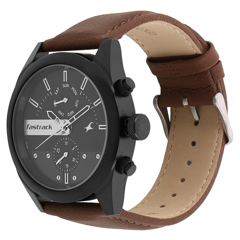 Fastrack All Nighters Quartz Multifunction Black Dial Leather Strap Watch for Guys NS3165NL01