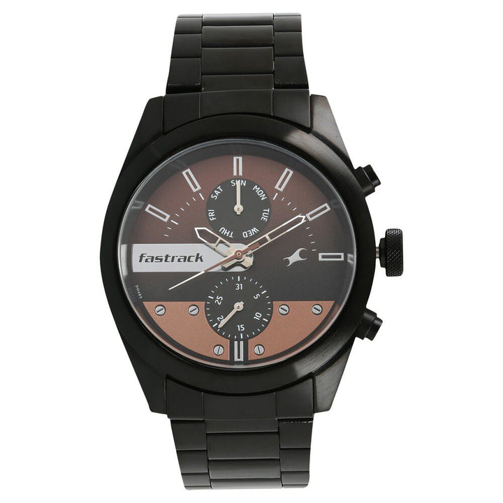 Fastrack All Nighters Quartz Multifunction Brown Dial Metal Strap Watch for Guys NS3165NM01