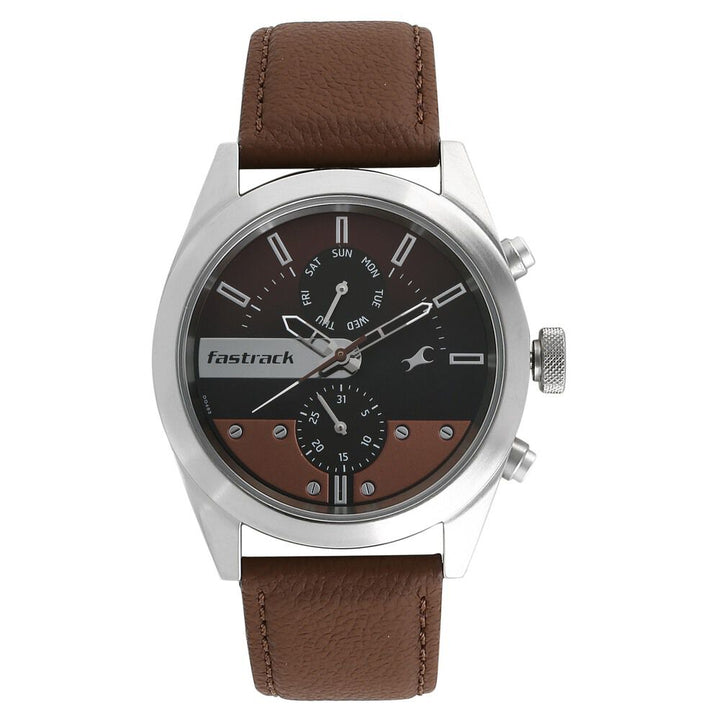 Fastrack All Nighters Quartz Multifunction Brown Dial Leather Strap Watch for Guys NS3165SL01