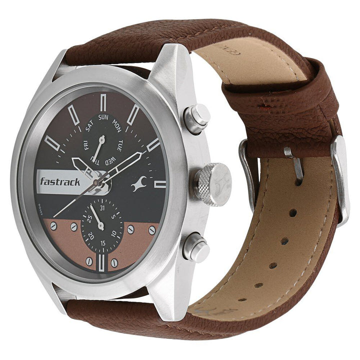 Fastrack All Nighters Quartz Multifunction Brown Dial Leather Strap Watch for Guys NS3165SL01