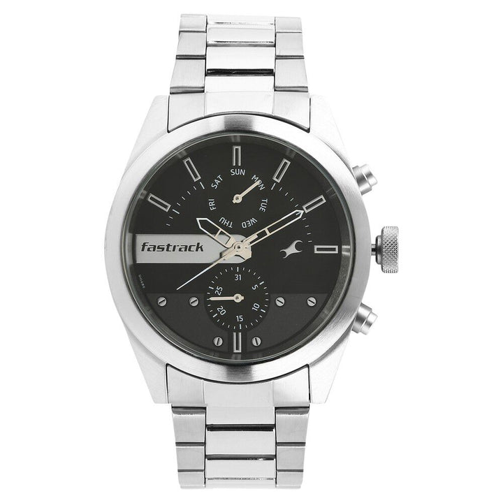 Fastrack All Nighters Quartz Multifunction Grey Dial Metal Strap Watch for Guys NS3165SM01