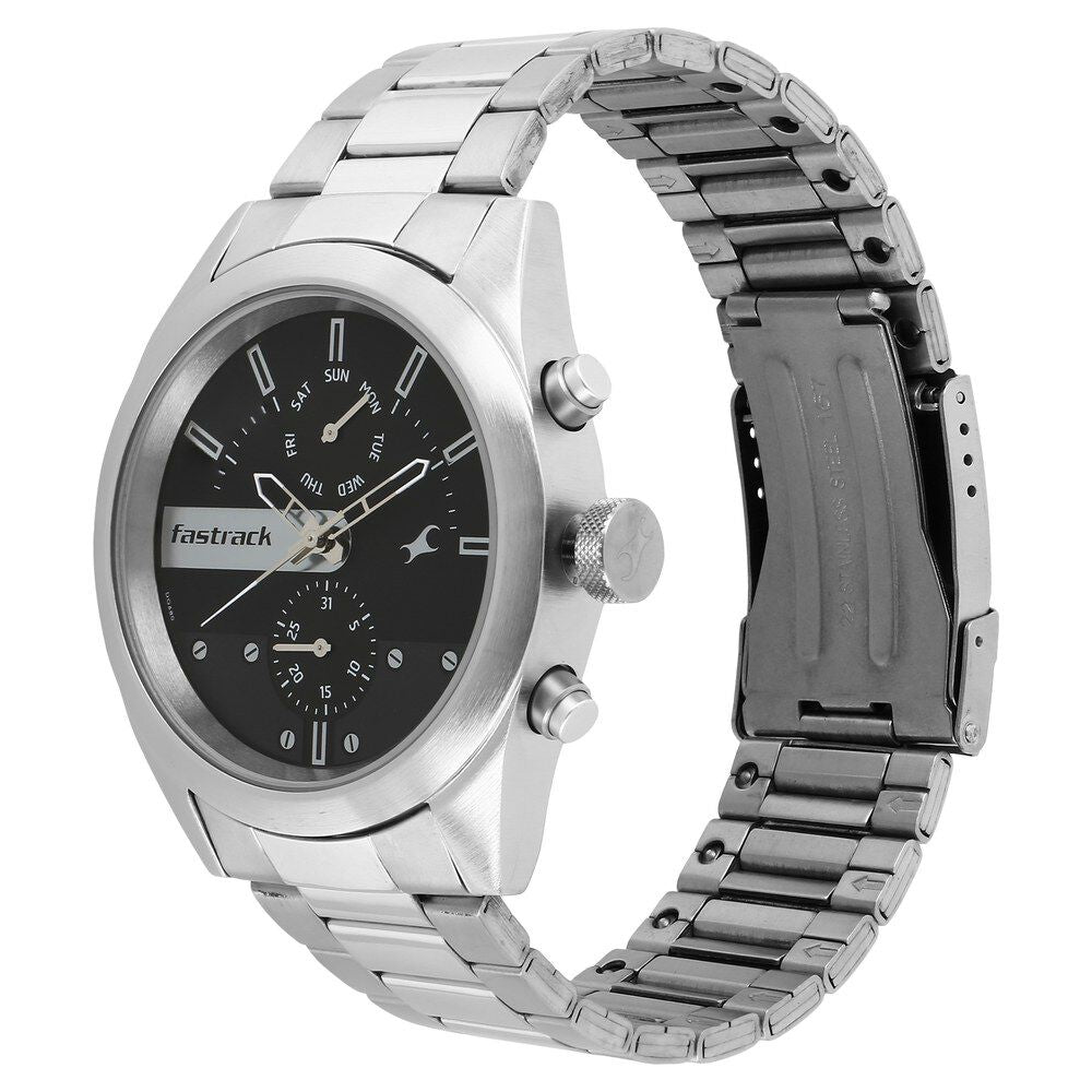 Fastrack All Nighters Quartz Multifunction Grey Dial Metal Strap Watch for Guys NS3165SM01