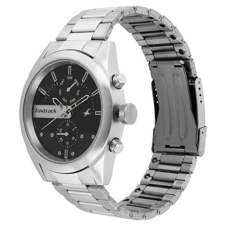 Fastrack All Nighters Quartz Multifunction Grey Dial Metal Strap Watch for Guys NS3165SM01