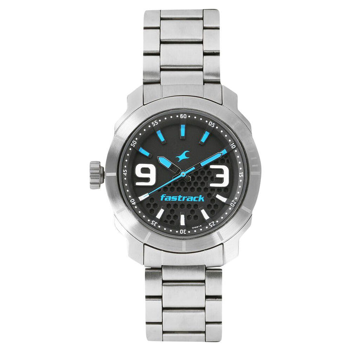 Fastrack Loopholes Quartz Analog Black Dial Stainless Steel Strap Watch for Guys NL3168SM02