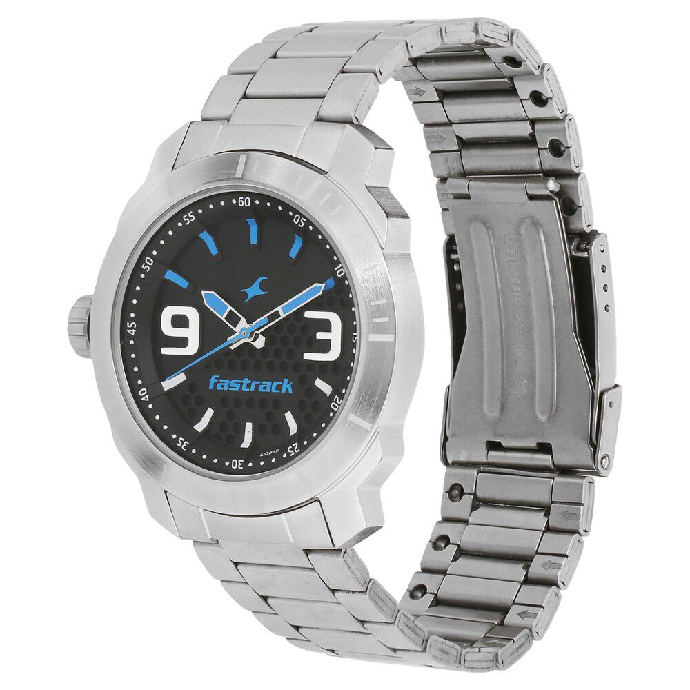 Fastrack Loopholes Quartz Analog Black Dial Stainless Steel Strap Watch for Guys NL3168SM02