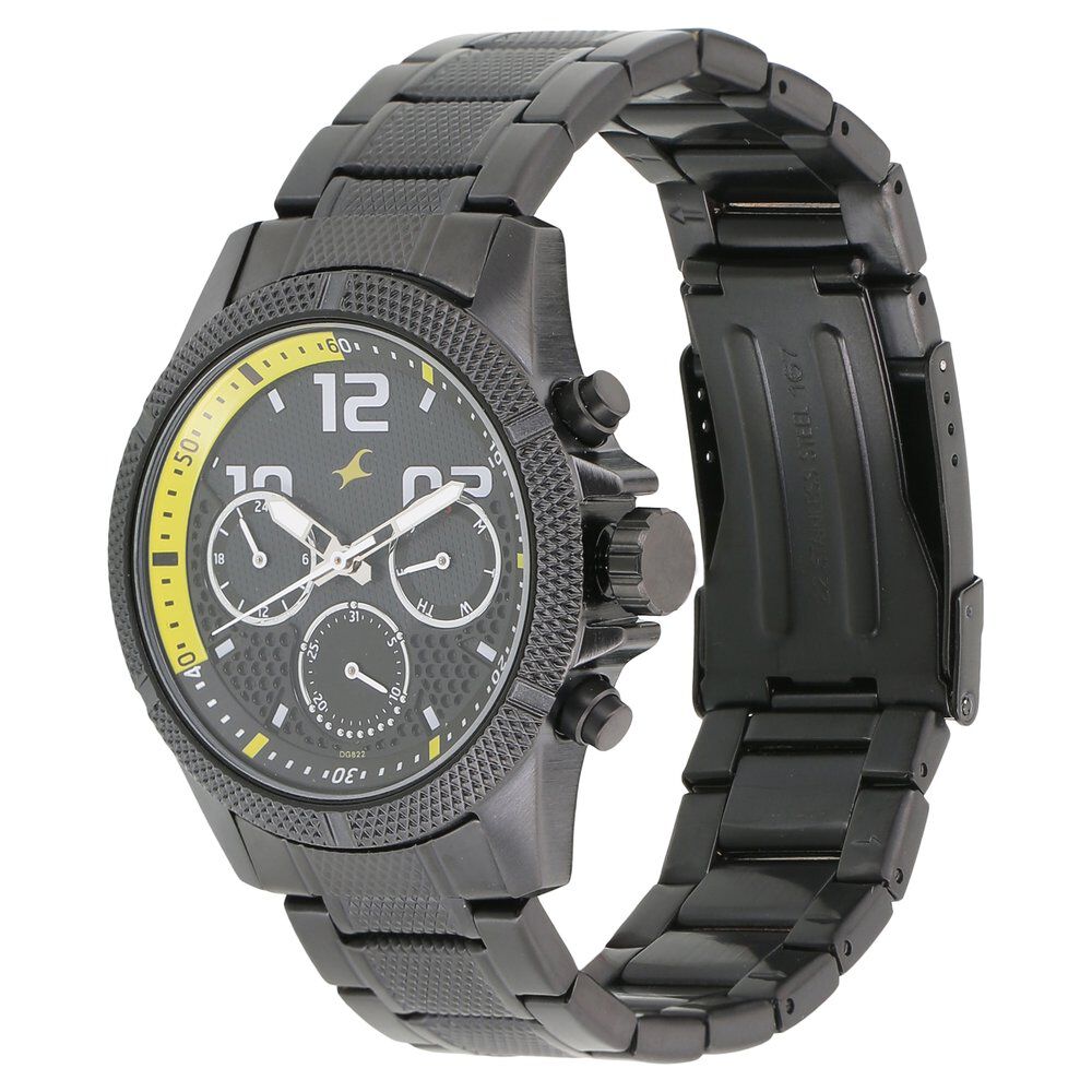 Fastrack Loopholes Quartz Multifunction Black Dial Stainless Steel Strap Watch for Guys NR3169NM01