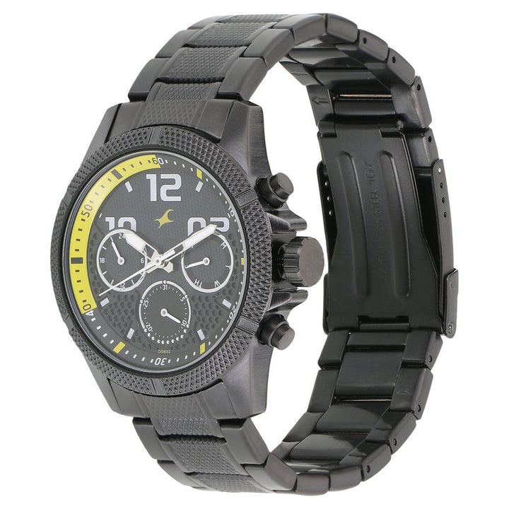 Fastrack Loopholes Quartz Multifunction Black Dial Stainless Steel Strap Watch for Guys NR3169NM01